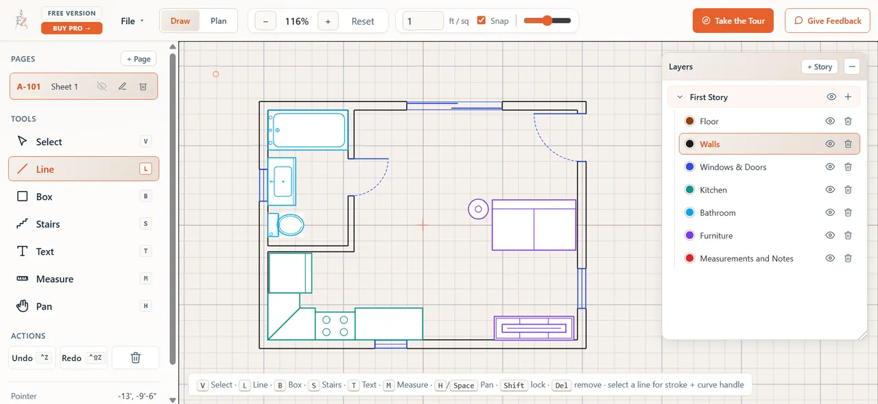 The Easy Draft floor plan editor showing a sample plan with walls, fixtures, dimensions, and a layers panel.